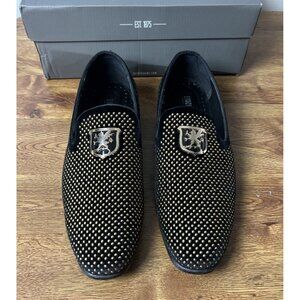 Stacy Adams Men Shoes Swagger Studded Slip On Satin Black Gold 25228-715 Size 9M